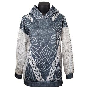 Blue & White Patterned Hoodie | Cozy Knit Look | Unisex Large